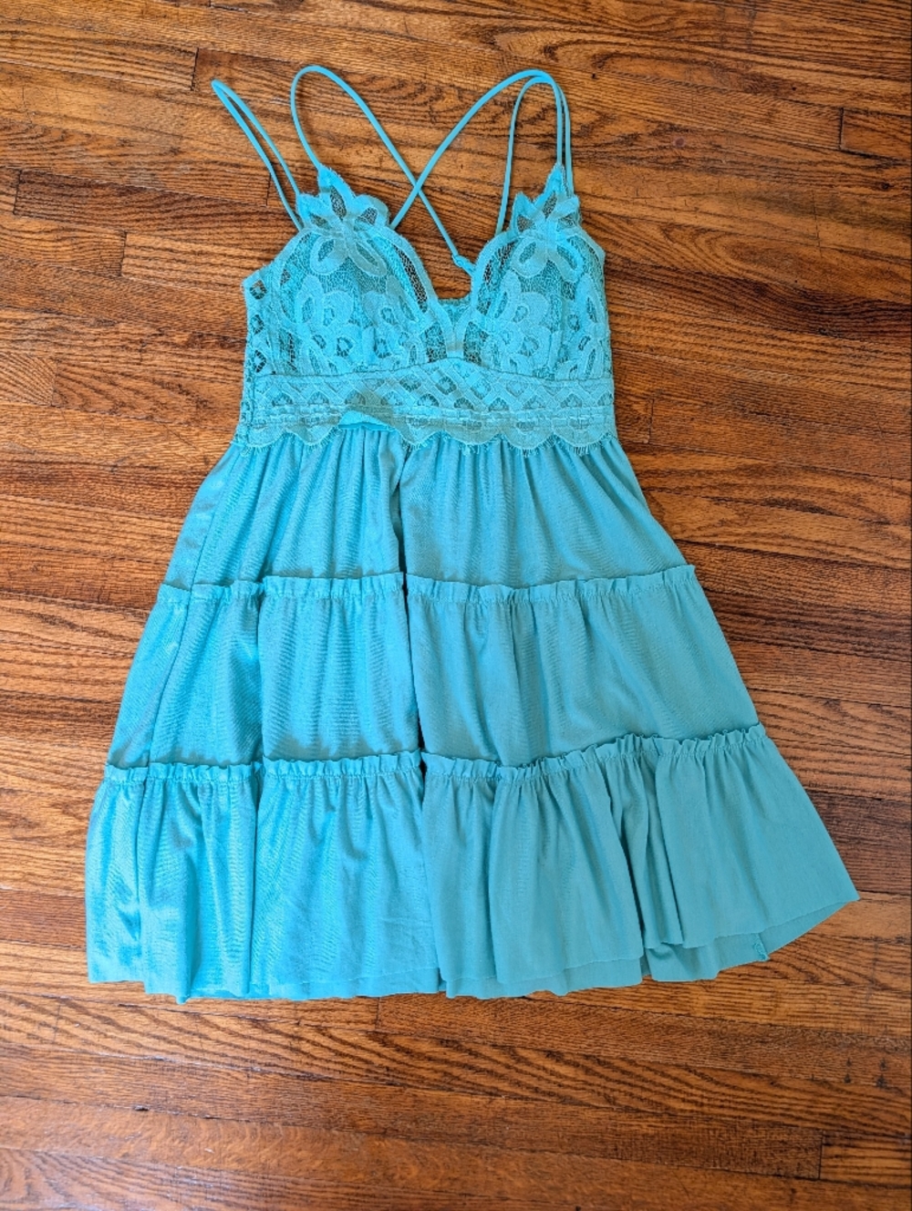 Zenana Outfitters Turquoise Lace-Detail Mini Dress